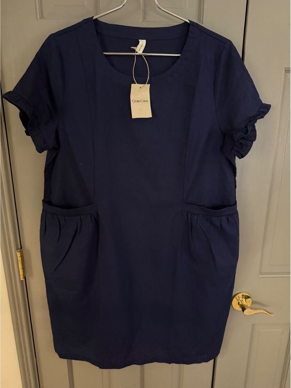 Grae Cove Women's Chloe Linen Ruffle Sleeve Dress in Navy Sz. M NWT